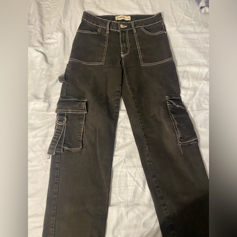 Black Cargo Jeans with White Stitching